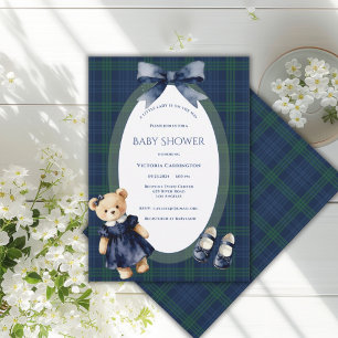 Blau-grün karierter kleiner Lady-Bär Vintage-Mädch Einladung