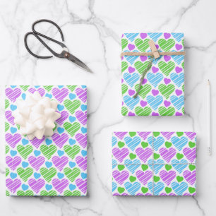 Blau Grün Lila Herzen Muster Geschenkpapier Set
