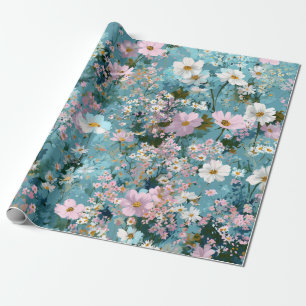 Blau Grün Pink Ditsy Blume Boho 70er Jahre Vintage Geschenkpapier