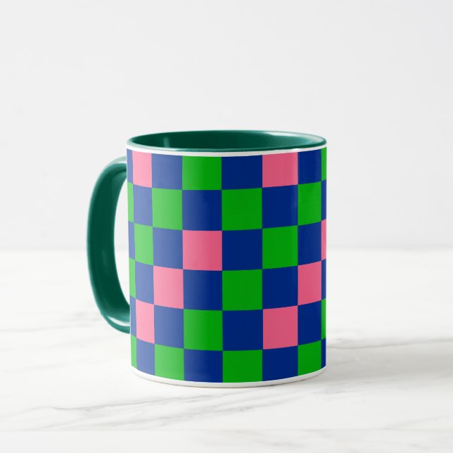 Blau Grün Rosa Kariertes Musterdesign  Tasse (Vorderseite Links)