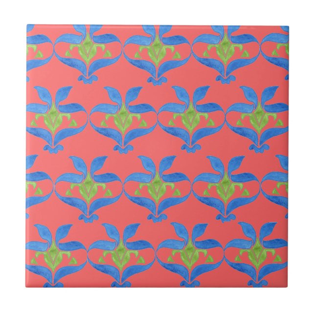 Blau, Grün, Rotes Jugendstil - Muster Tile Fliese (Vorderseite)