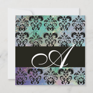 BLAU GRÜN TEAL SCHWARZ DAMAST MONOGRAMM, weiß Einladung
