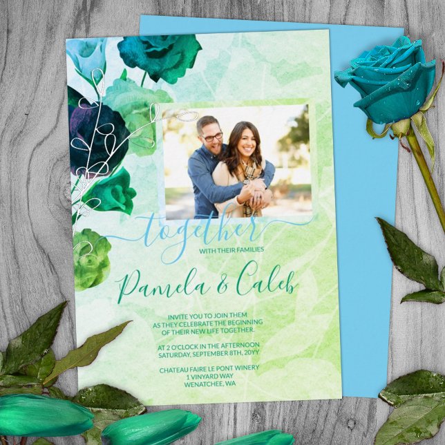 Blau, grün, türkisfarbene Rose Hochzeitssilber Folieneinladung (green floral wedding invitations spring springtime green wedding colors silver foil leaves navy blue)