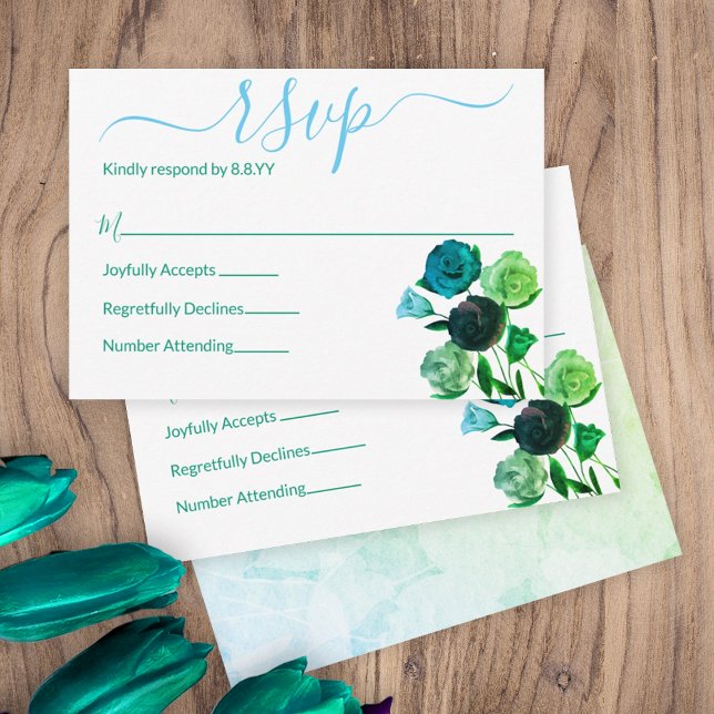 Blau, Grün, türkisfarbene Rose UAWG Hinweiskarte (green blue spring flowers wedding theme rsvp response reply cards botanical turquoise teal roses )
