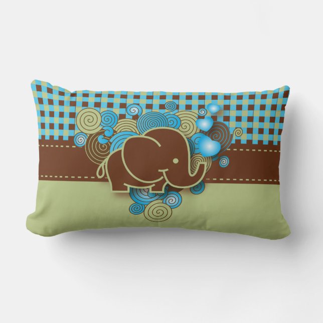 Blau, Grün u. karierter Baby-Elefant Browns Lendenkissen (Vorderseite)