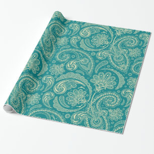Blau-Grün und Beige Creme Vintage Paisley Geschenkpapier