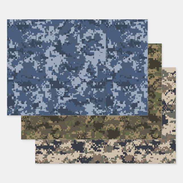 Blau, grün und braun Pixel Camouflage Camouflage Geschenkpapier Set (Set)