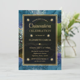 Blau, Grün und Gold Glitzer Agate Quinceanera Einladung