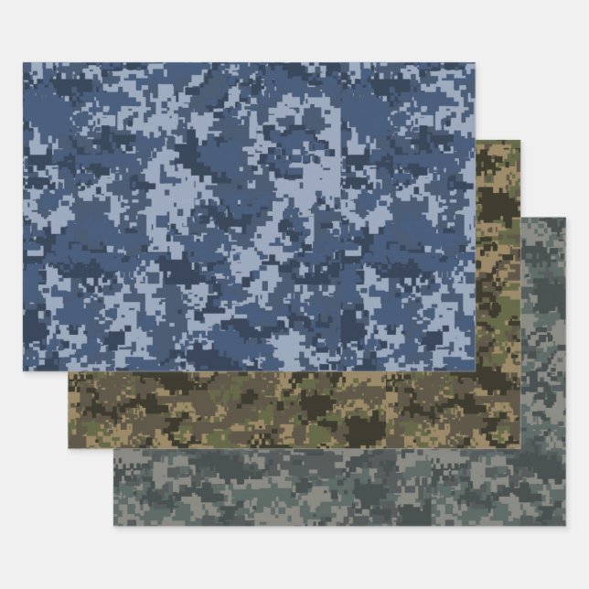 Blau, Grün und Grün 3 Pixel Camouflage Camouflage Geschenkpapier Set (Set)