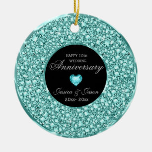 Blau- Grün- und Weiße Diamanten Silbernes Herz Keramik Ornament