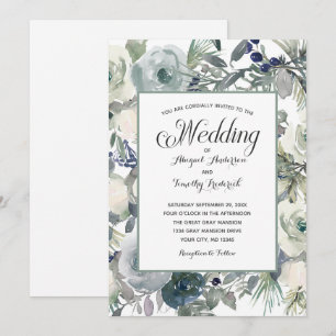 Blau Grün Weiße Florale Elegante Formelle Hochzeit Einladung