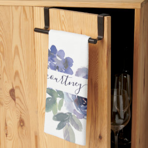 Blau-grüne Aquarellblumen personalisiert Geschirrtuch