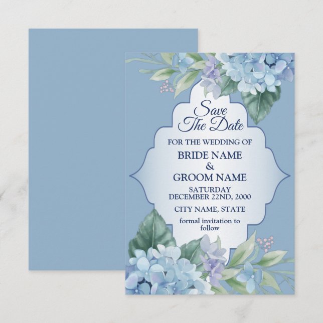 Blau-grüne Blätter rahmen Elegante Hochzeit Save The Date (Vorne/Hinten)