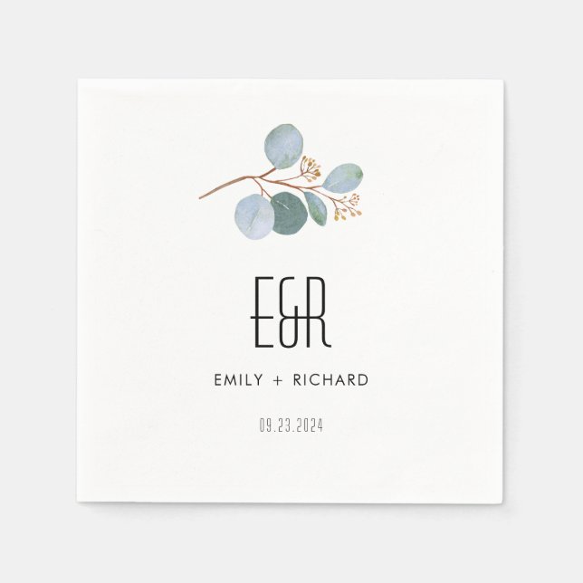 Blau-grüne Eukalyptus-Rahmen schwarz auf weiß Serviette (Vorderseite)