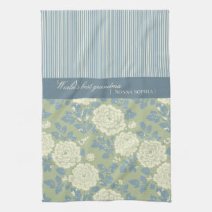 Blau-grüne Floral-Blockdruck mit blauen Streifen Geschirrtuch