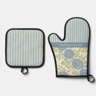Blau Grüne Florale Blockdrucke und Streifen Ofenhandschuh & Topflappen-Set
