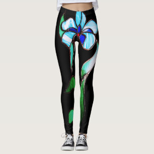 Blau-grüne Neonfarben-Blume auf schwarz Leggings