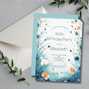 Blau Grüne Orange Blumen-Aquarell 40. Geburtstag Einladung