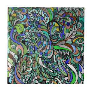 Blau Grüne Pfau Bunte Funky Paisley Kunst Fliese