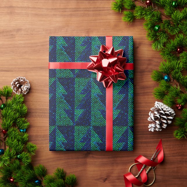 Blau, grüne Weihnachtsbäume. Geschenkpapier (Feiertagsgeschenk)