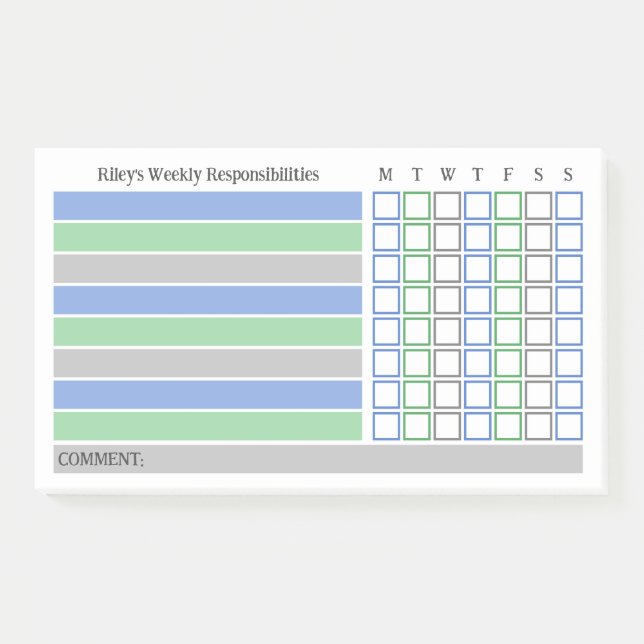 Blau Grüne Wöchentliche Verantwortlichkeiten Chore Post-it Klebezettel (Vorderseite)