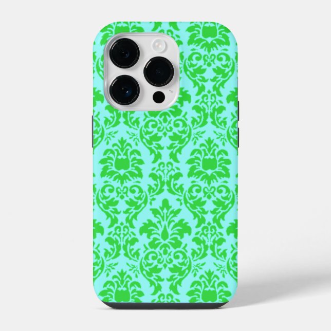 Blau Grüner Damast iPhone Hülle (Rückseite)