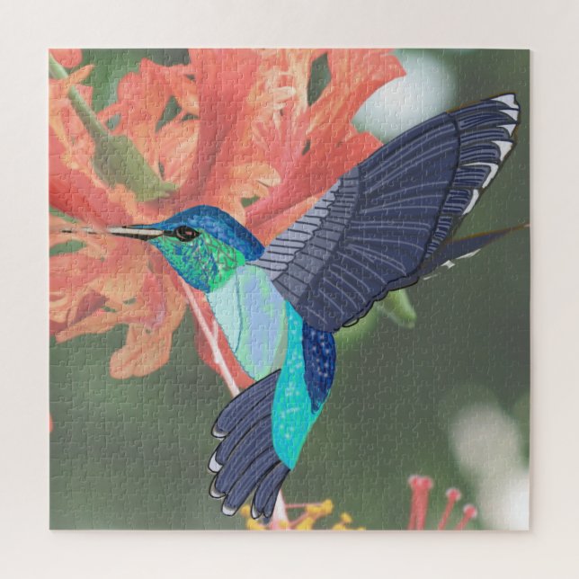 Blau-grüner Hummingvogel und orangefarbener Hibisk Puzzle (Vertikal)