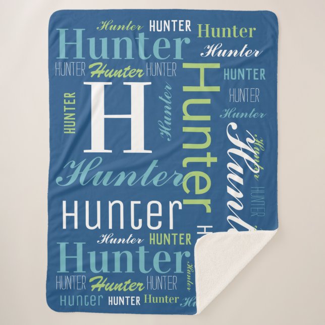 Blau - Grüner Name und Monogram Cloud Word Art Sherpadecke (Vorderseite)