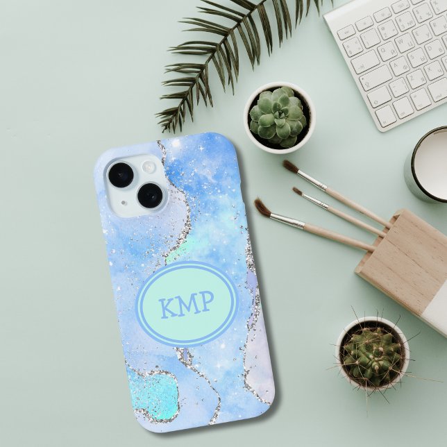 Blau-grüner Silber-Glitzer-Marmor Swirl Monogramm Case-Mate iPhone Hülle (Blue green silver glitter marble swirl monogrammed iPhone 15 13 14 12 11 case.)