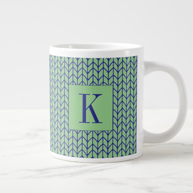 BLAU GRÜNER STRICK Große weiße Tasse + Ursprünglic (Rechts)