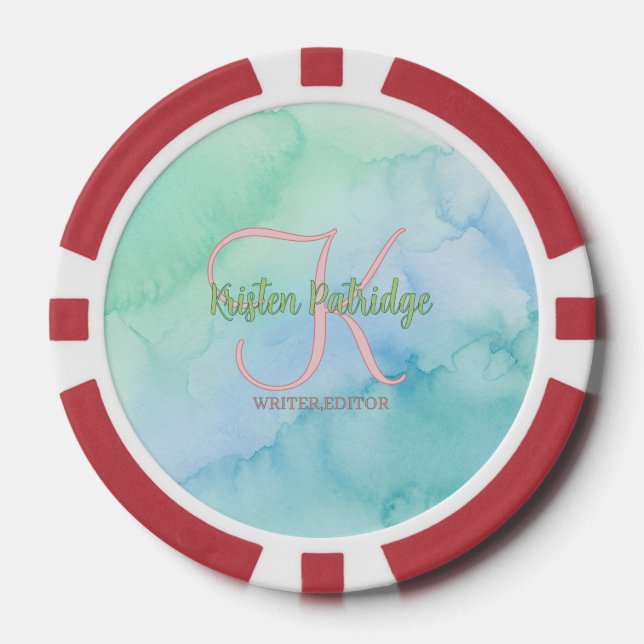 blau grüner Wasserfarb-Editor Schriftsteller Name  Pokerchips (Vorderseite)