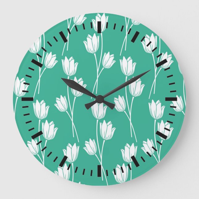 Blau-grünes Blumenmuster Große Wanduhr (Vorderseite)