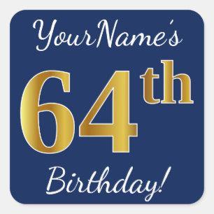 Blau, Imitat-Gold64. Geburtstag + Individueller Quadratischer Aufkleber