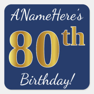 Blau, Imitat-Gold80. Geburtstag + Individueller Quadratischer Aufkleber