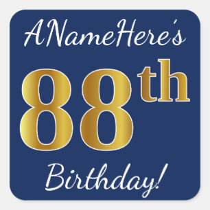 Blau, Imitat-Gold88. Geburtstag + Individueller Quadratischer Aufkleber