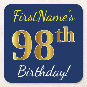 Blau, Imitat-Gold98. Geburtstag + Individueller Rechteckiger Pappuntersetzer