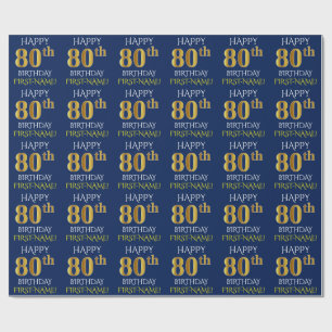 Blau, Imitat-Gold "GLÜCKLICHER 80. GEBURTSTAG " Geschenkpapier