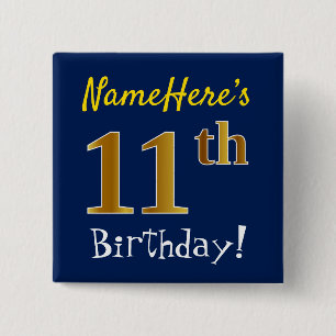 Blau, Imitate Gold 11. Geburtstag, mit Individuell Button