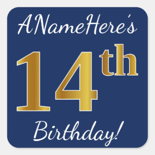Blau, Imitate Gold 14. Geburtstag + Individuelle N Quadratischer Aufkleber