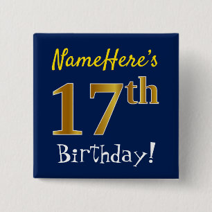 Blau, Imitate Gold 17. Geburtstag, mit Individuell Button