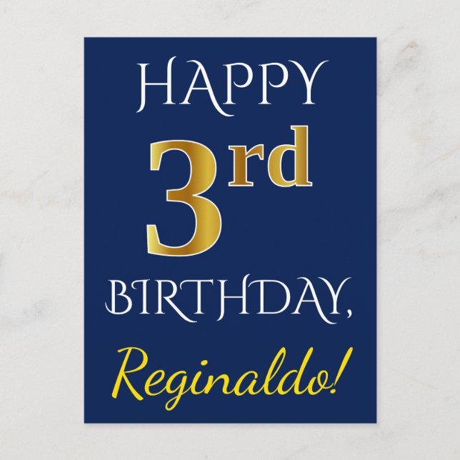 Blau, Imitate Gold 3. Geburtstag + Individuelle Na Postkarte (Vorderseite)