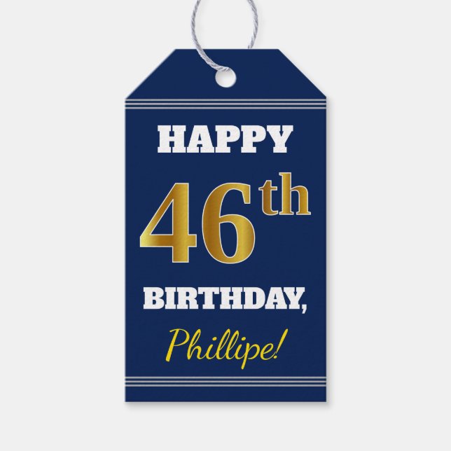 Blau, Imitate Gold 46. Geburtstag + Individuelle N Geschenkanhänger (Vorderseite)