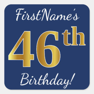 Blau, Imitate Gold 46. Geburtstag + Individuelle N Quadratischer Aufkleber