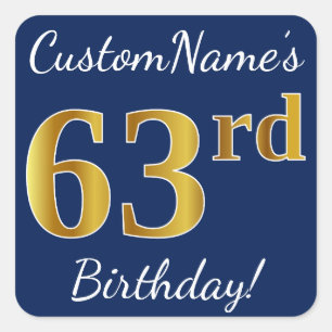 Blau, Imitate Gold 63. Geburtstag + Individuelle N Quadratischer Aufkleber