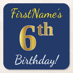 Blau, Imitate Gold 6. Geburtstag + Individuelle Na Rechteckiger Pappuntersetzer