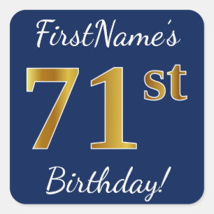 Blau, Imitate Gold 71. Geburtstag + Individuelle N Quadratischer Aufkleber