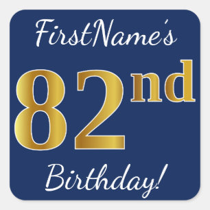 Blau, Imitate Gold 82. Geburtstag + Individuelle N Quadratischer Aufkleber