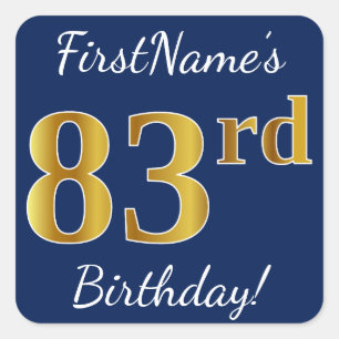 Blau, Imitate Gold 83. Geburtstag + Individuelle N Quadratischer Aufkleber
