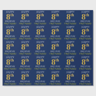 Blau, Imitate Gold "HAPPY 8. BIRTHDAY" Geschenkpapier