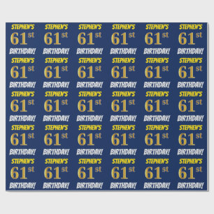 Blau, Imitate/Nachahmungs-Gold, "61. BIRTHTAG" Geschenkpapier